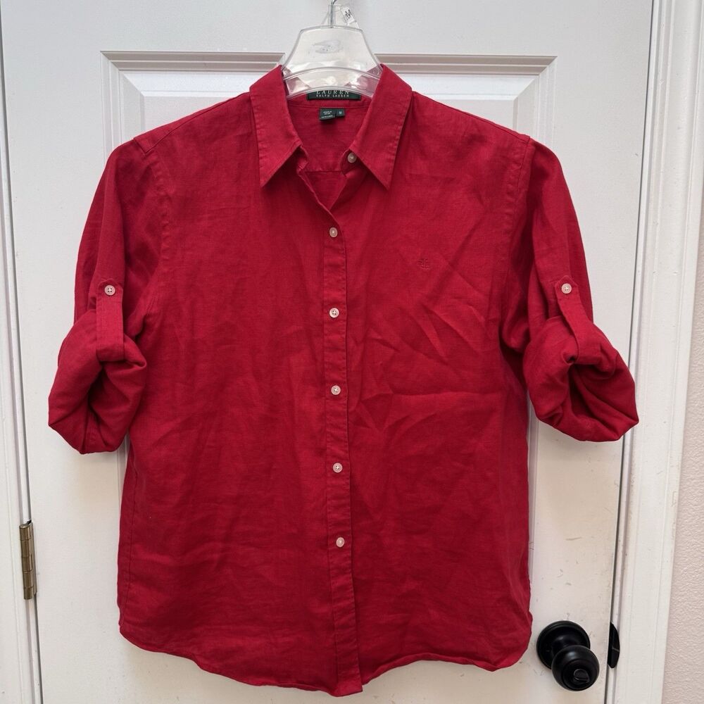 Lauren Ralph Lauren Womens M Linen Front Button Shirt Power Red Roll Tab Sleeves
